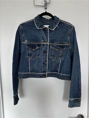 Nobody Denim Dark Blue Cropped Jean Jacket with Contrast Piping
